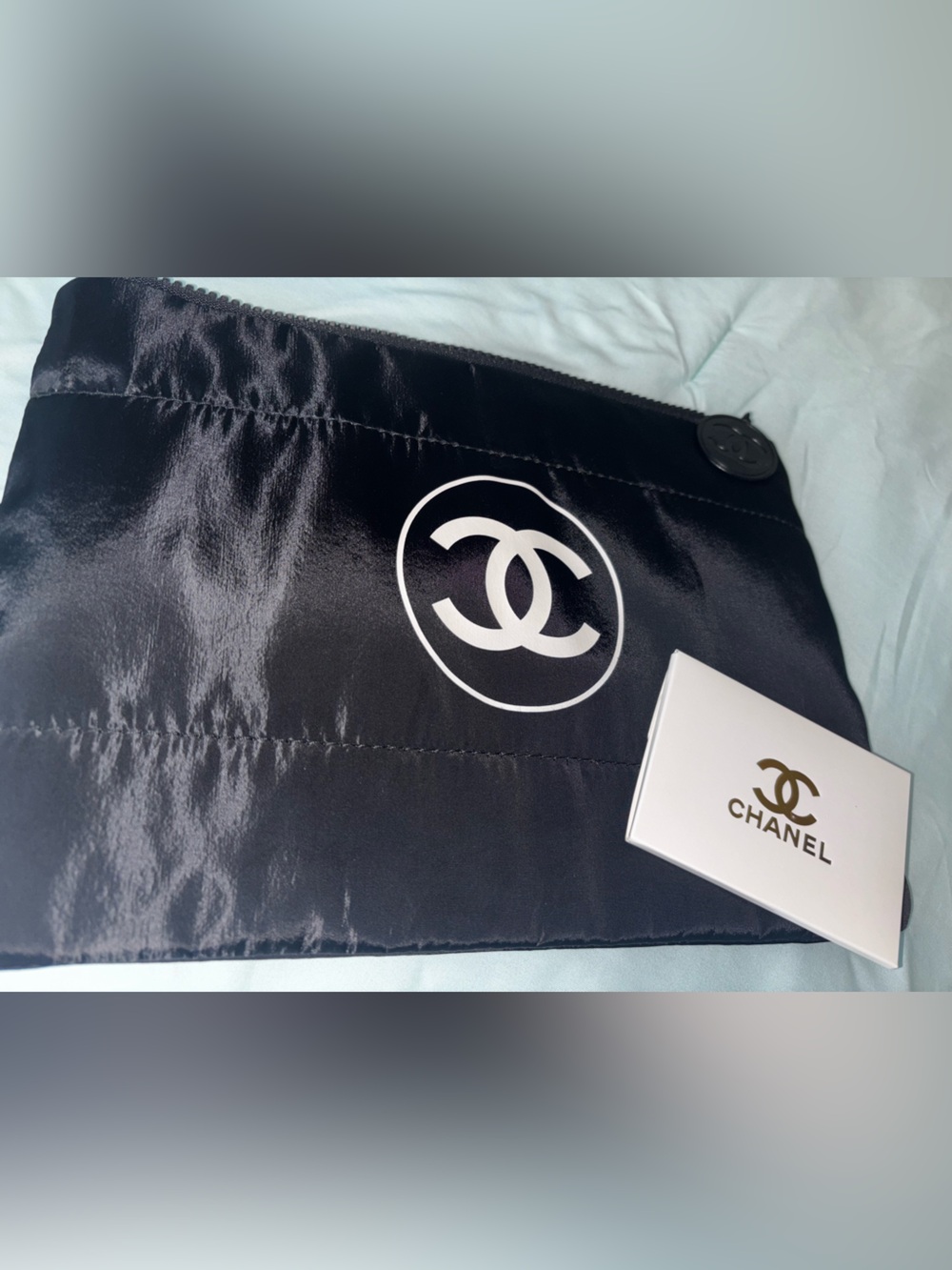 CHANEL Black Quilted Cosmetic Pouch with White Logo and Mirror Brand new